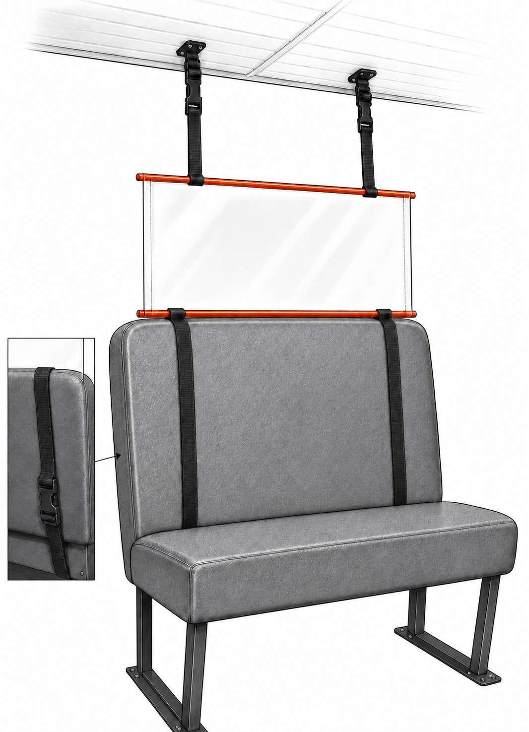 Seat-top Soft Shield installed above a gray bus bench seat with ceiling and seat-back straps